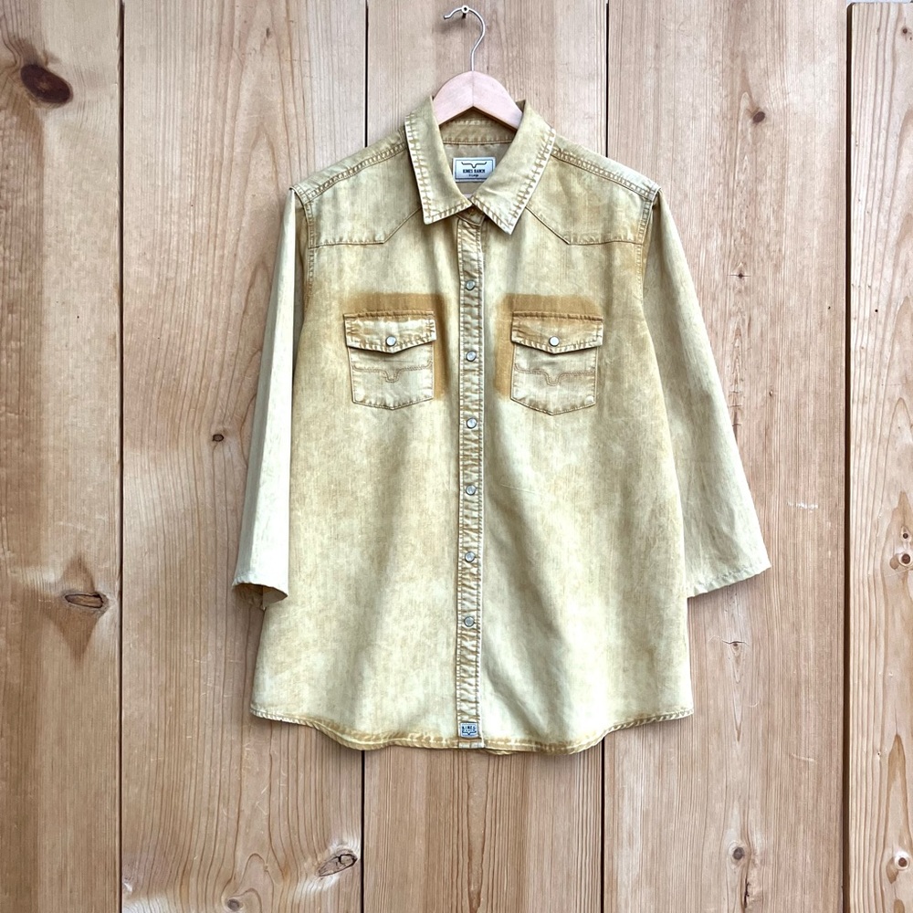 Kimes Ranch Yellow Gold Pearl Snap Blouse Top 3/4 Sleeve Sz XL